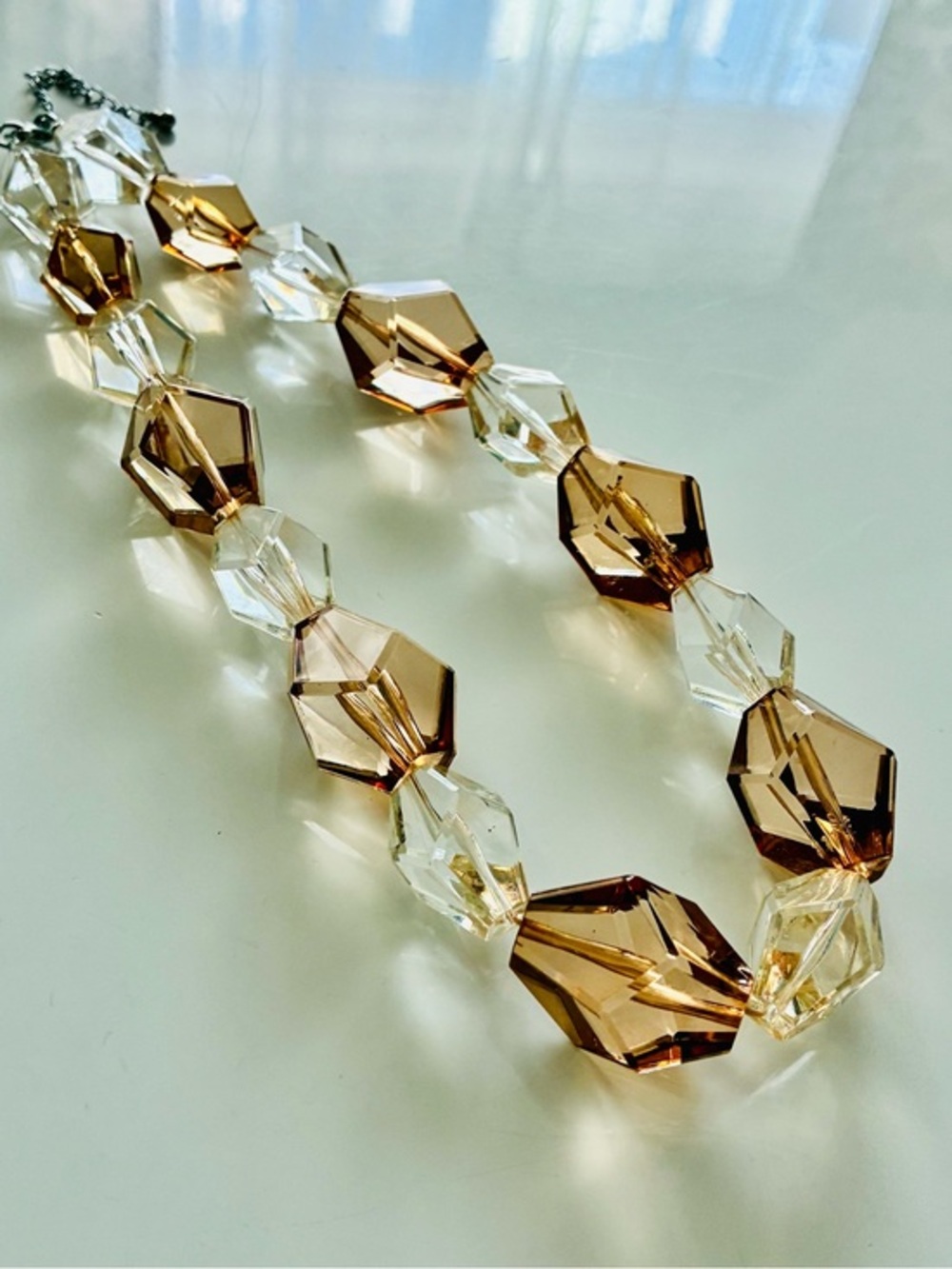 Faceted Amber-Tone and Clear Acrylic Faceted Bead Statement Necklace Chunky EUC